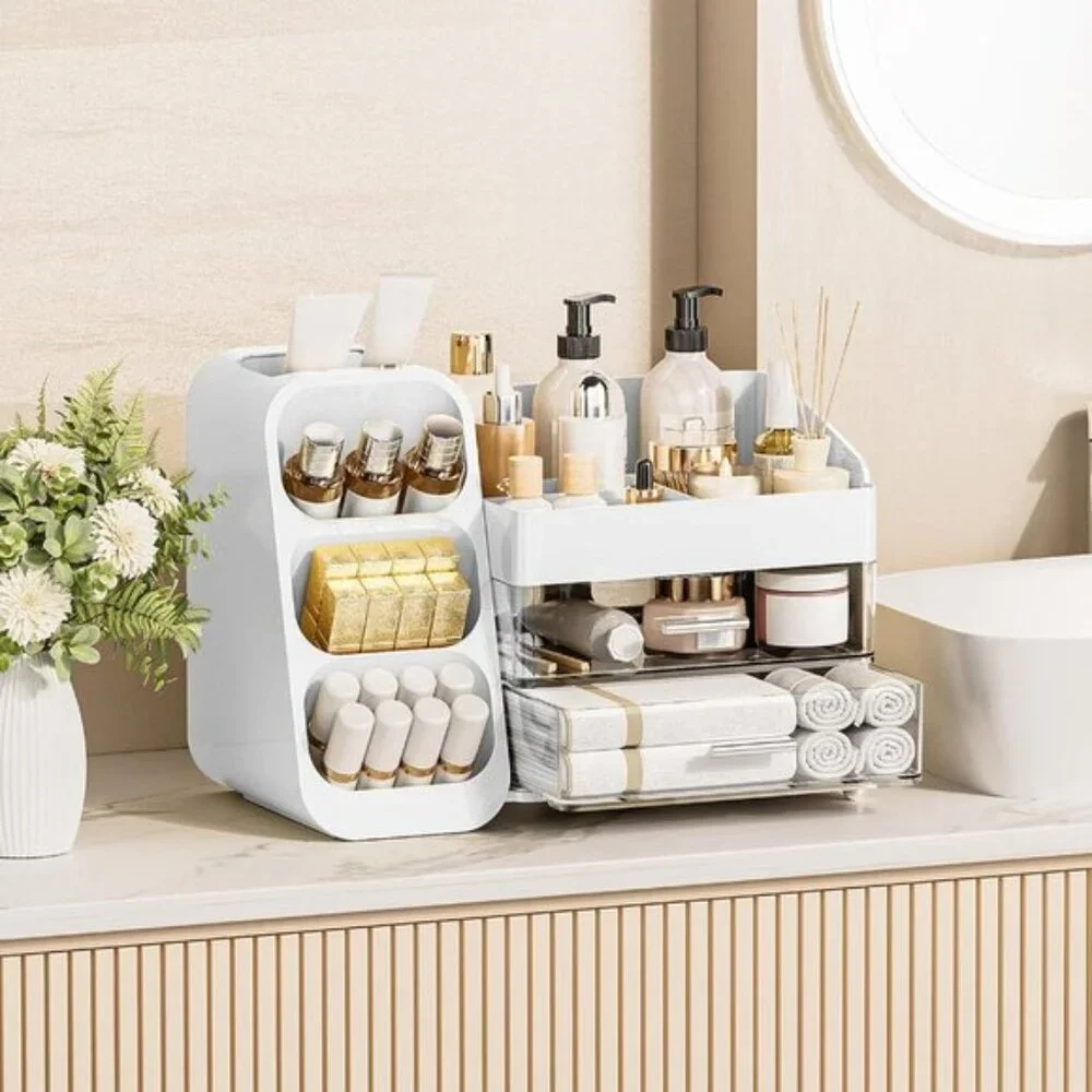 New Makeup Organizer with Drawers & Brush Holder for Vanity & Skincare Storage